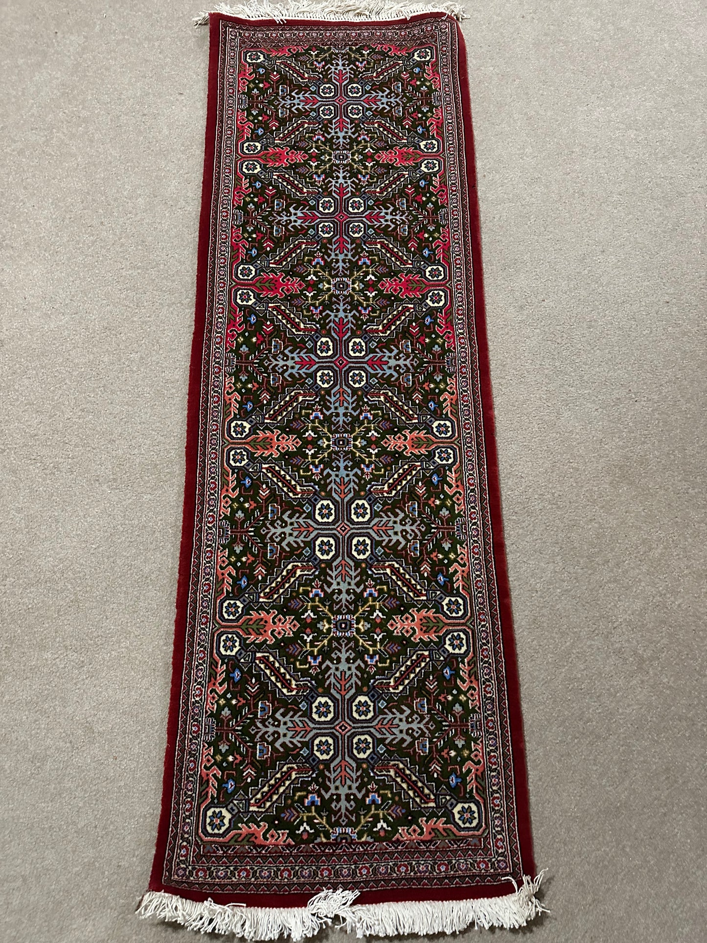 Persian Ghom Runner Rug – Hand-Knotted Wool Charkh & Falk Green Design Oriental Runner 5.7 x 1.10 ft
