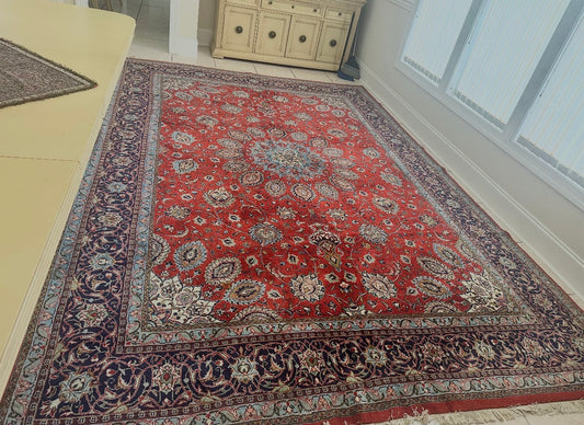 Vintage Sarough Persian Rug 12.8x9 ft | Hand Knotted Wool Medallion Oriental Area Rug | Large Luxury Rug
