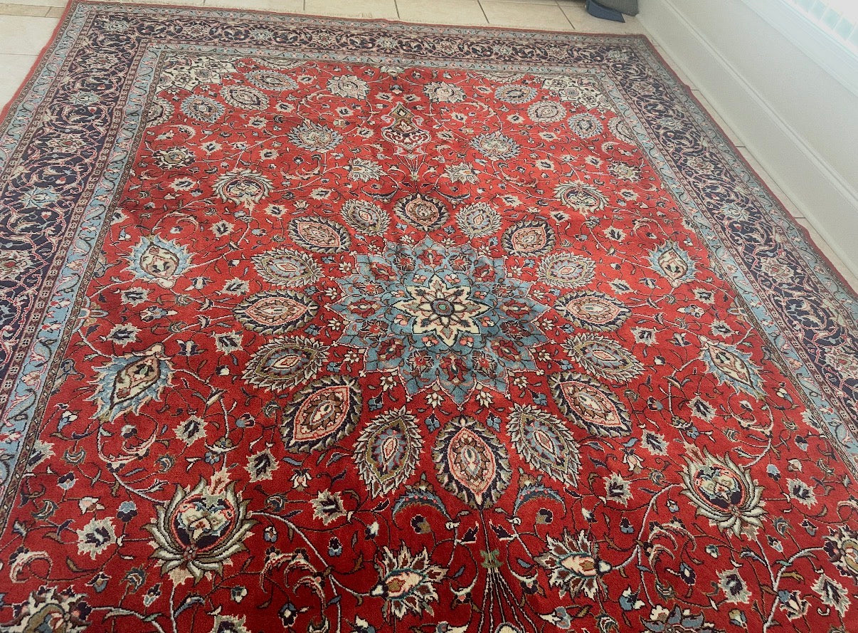 Vintage Sarough Persian Rug 12.8x9 ft | Hand Knotted Wool Medallion Oriental Area Rug | Large Luxury Rug