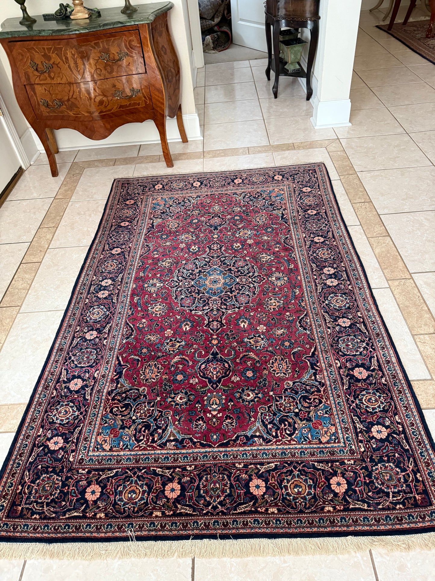 Old Persian Kashan Rug No. 148 – Hand-Knotted Wool Medallion Oriental Area Rug 6.9 x 4.4 ft
