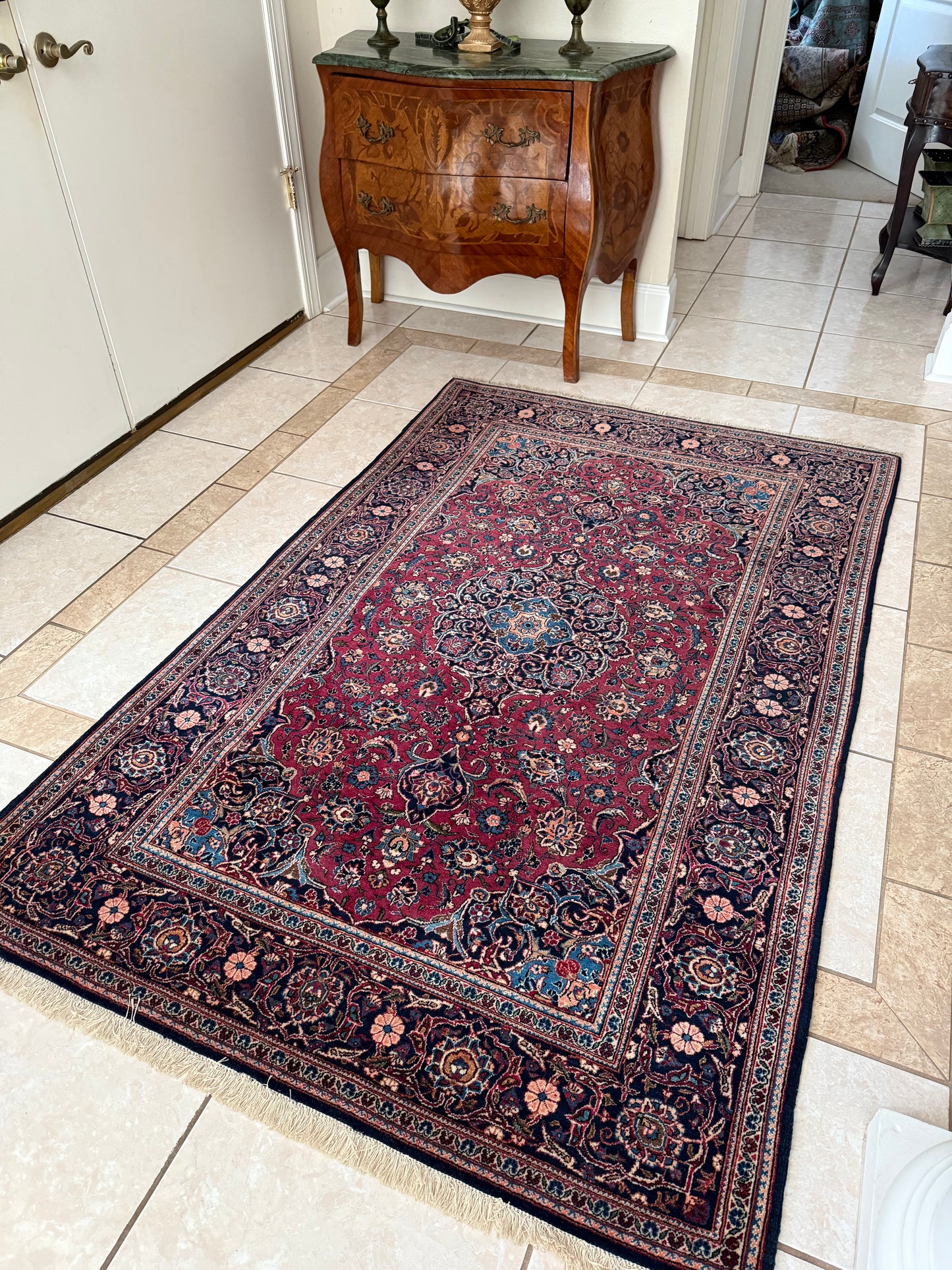 Old Persian Kashan Rug No. 148 – Hand-Knotted Wool Medallion Oriental Area Rug 6.9 x 4.4 ft