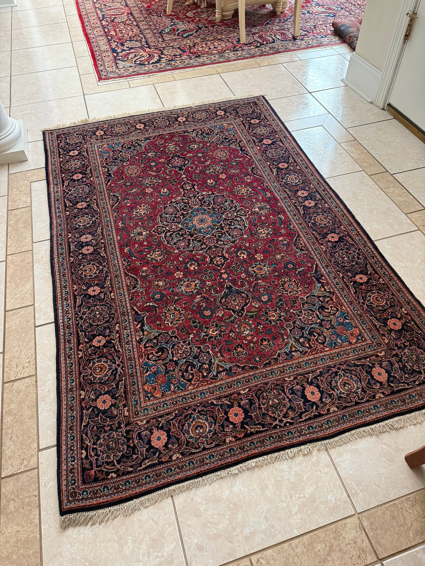 Old Persian Kashan Rug No. 148 – Hand-Knotted Wool Medallion Oriental Area Rug 6.9 x 4.4 ft