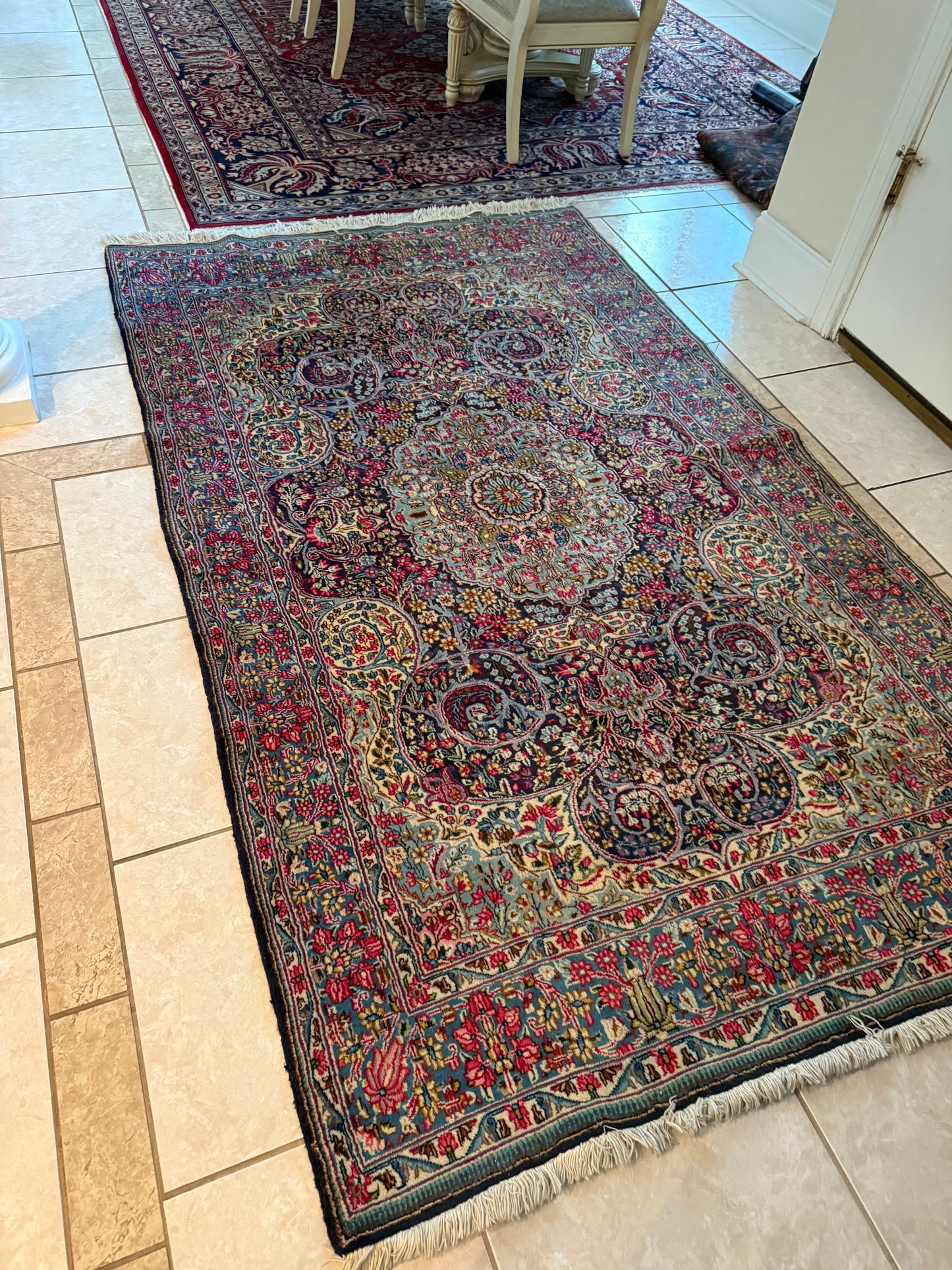 Persian Kerman Hand-Knotted Rug – Blue Medallion 100% Wool Oriental Area Rug 8.0 x 4.1 ft