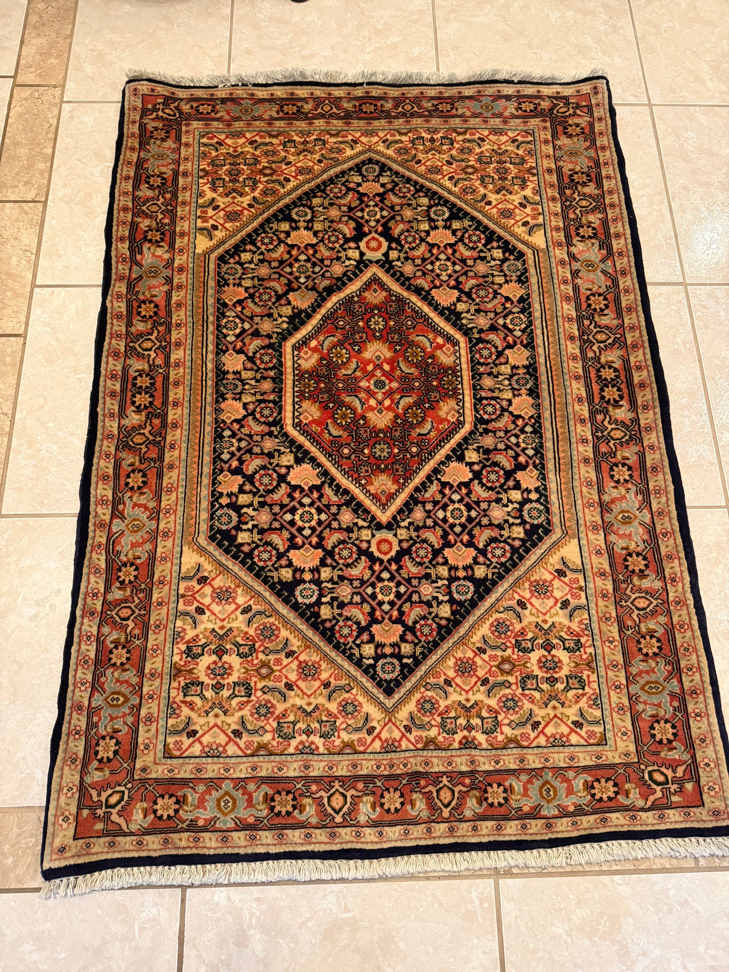 Vintage Seneh Persian Rug 3.5x4.11 ft | Hand Knotted 100% Wool Oriental Area Rug | Traditional Small Rug