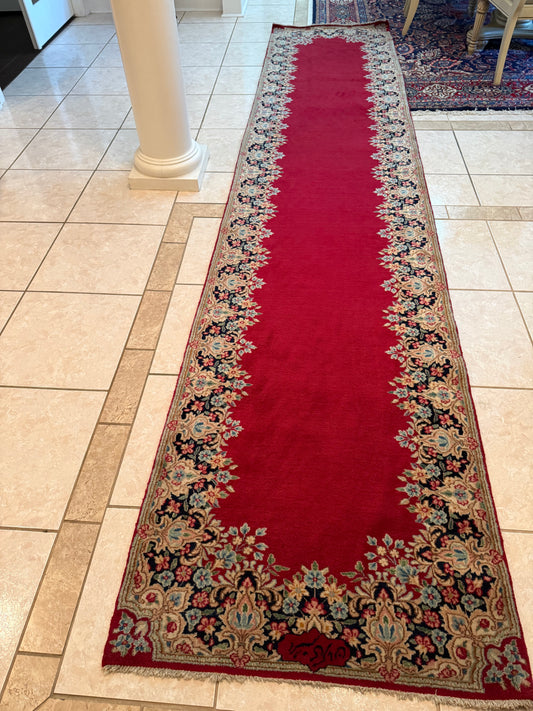 Antique Persian Kerman Runner Rug No. 224 – Hand-Knotted Red Wool Oriental Runner 13.9 x 3.0 ft