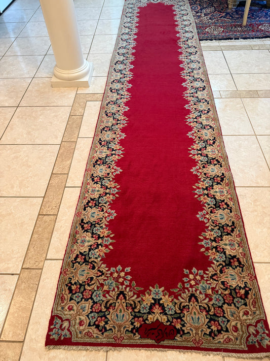 Antique Persian Kerman Runner Rug No. 224 – Hand-Knotted Red Wool Oriental Runner 13.9 x 3.0 ft