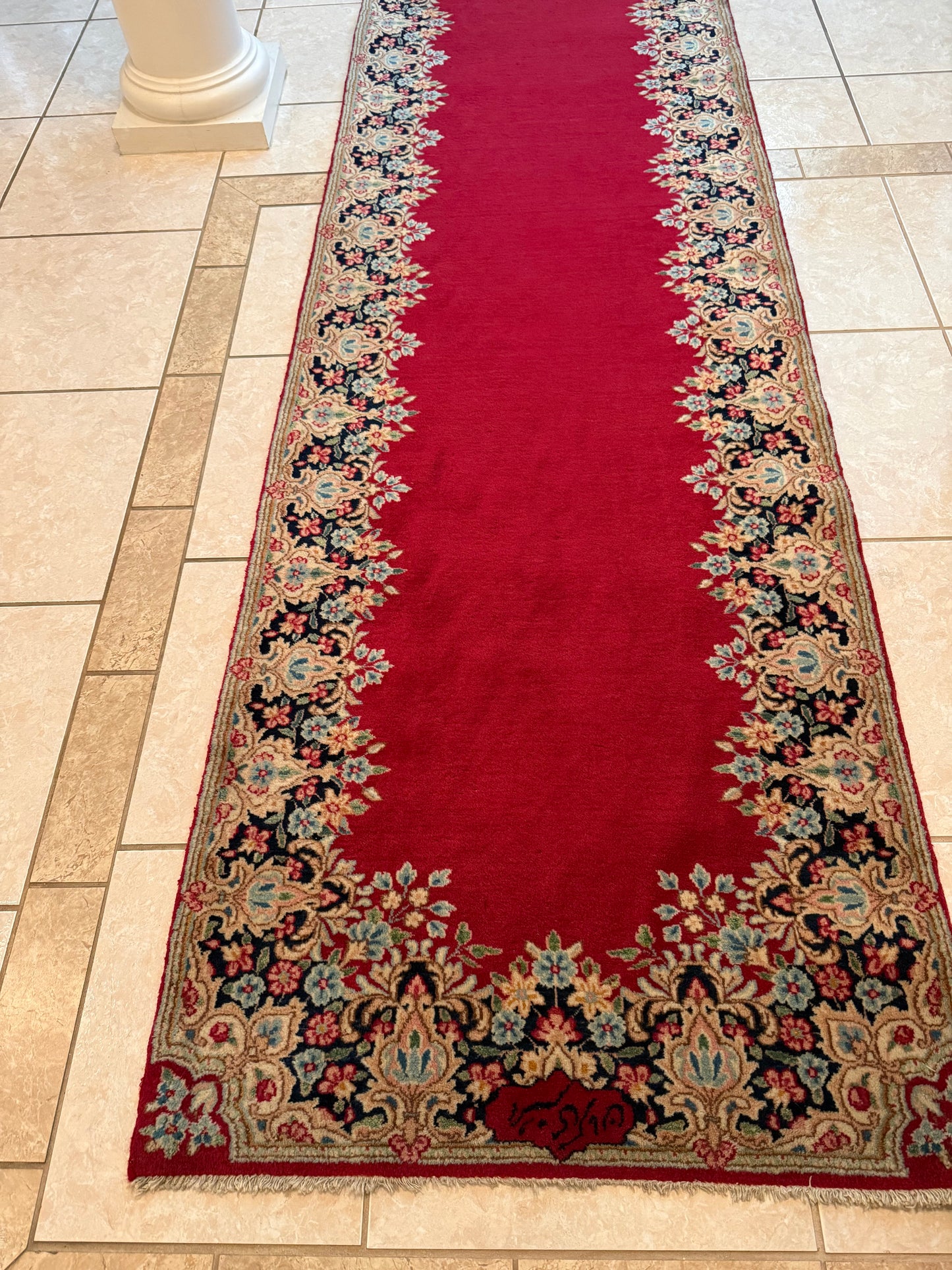 Antique Persian Kerman Runner Rug No. 224 – Hand-Knotted Red Wool Oriental Runner 13.9 x 3.0 ft