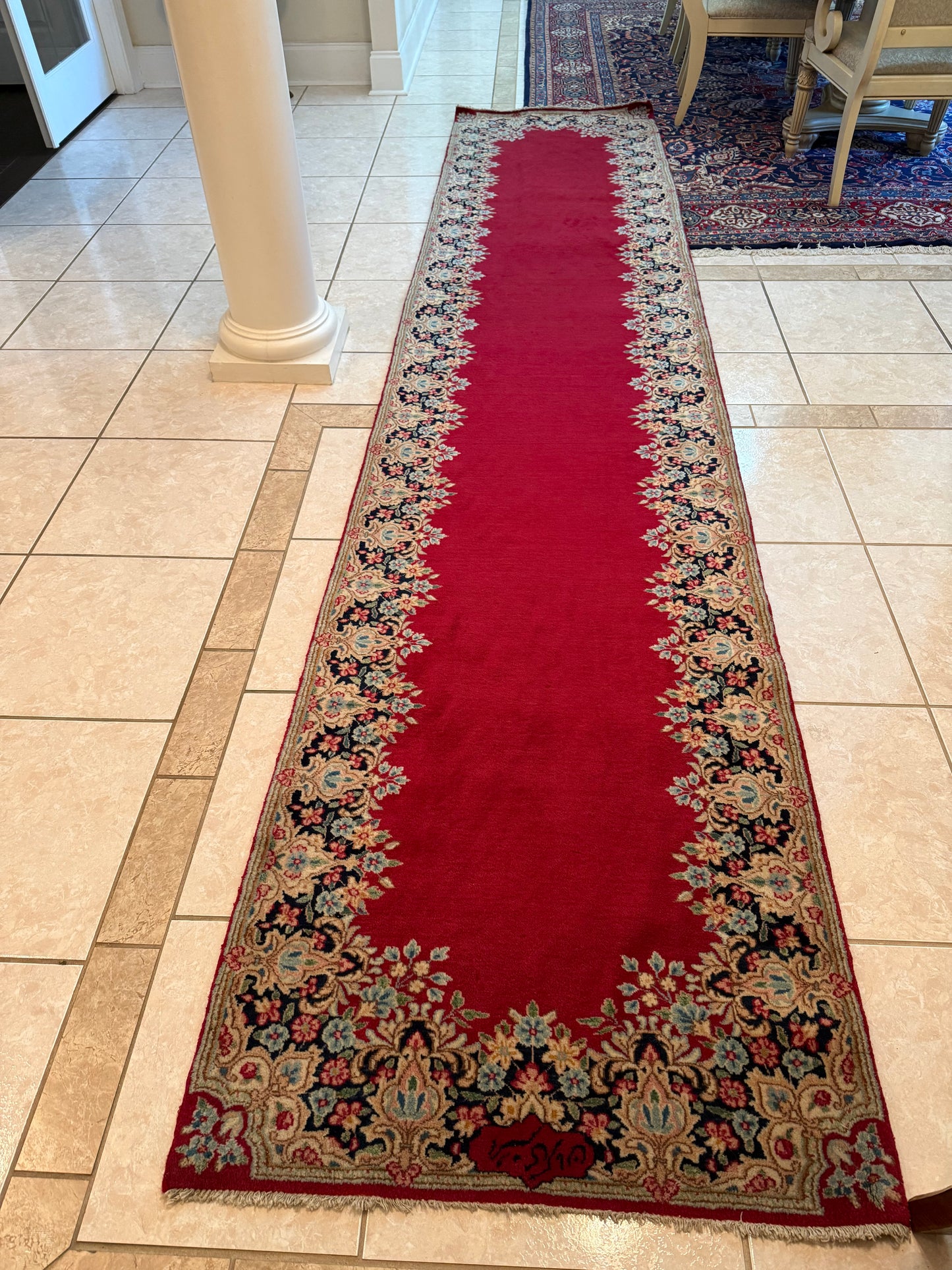 Antique Persian Kerman Runner Rug No. 224 – Hand-Knotted Red Wool Oriental Runner 13.9 x 3.0 ft
