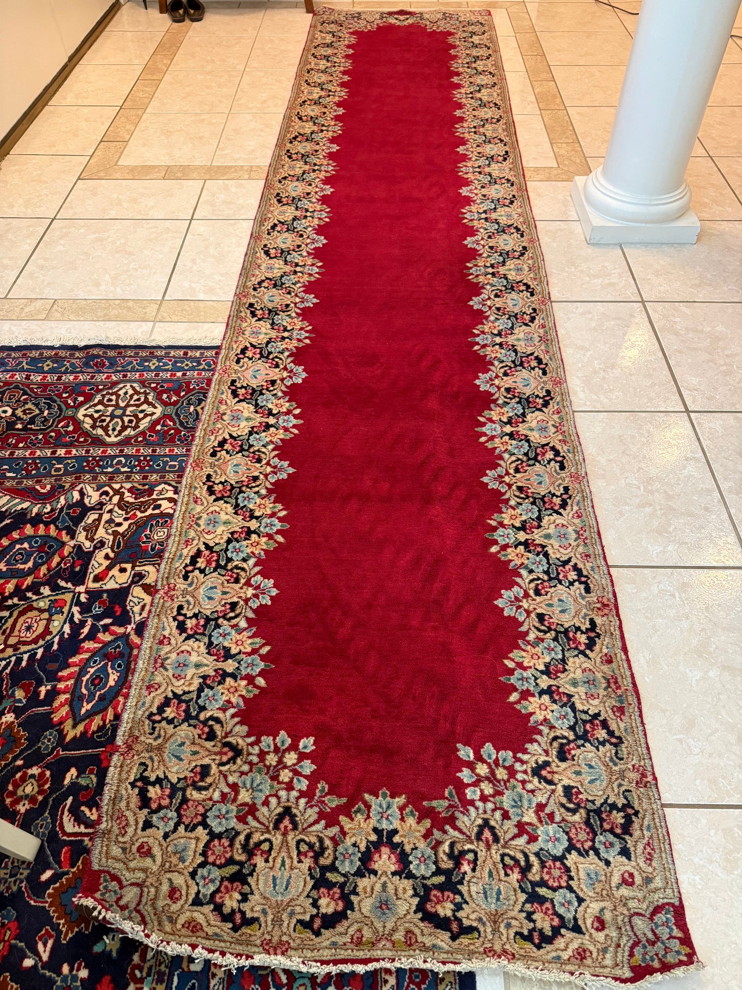 Antique Persian Kerman Runner Rug No. 224 – Hand-Knotted Red Wool Oriental Runner 13.9 x 3.0 ft