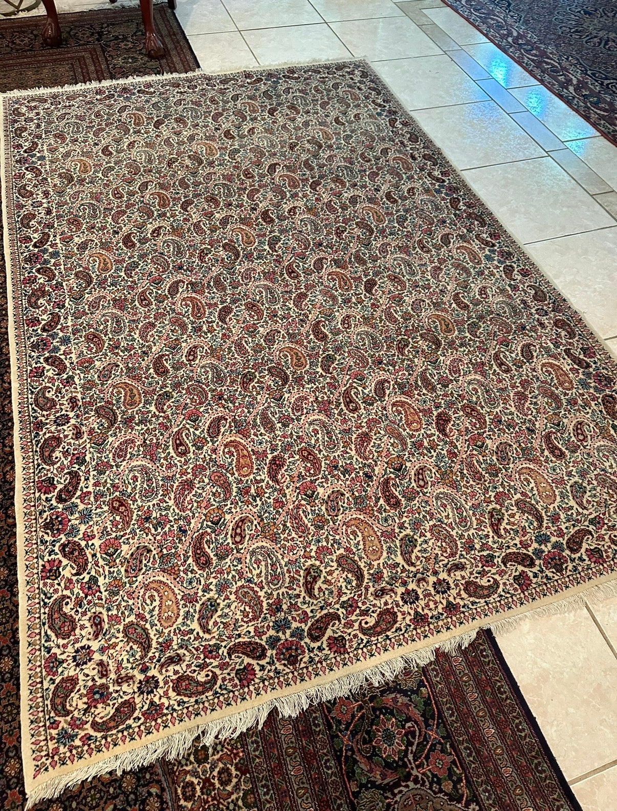 Antique Persian Kerman Rug – Hand-Knotted Wool & Cotton Booteh Paisley Design Oriental Area Rug 8.2 x 5.4 ft