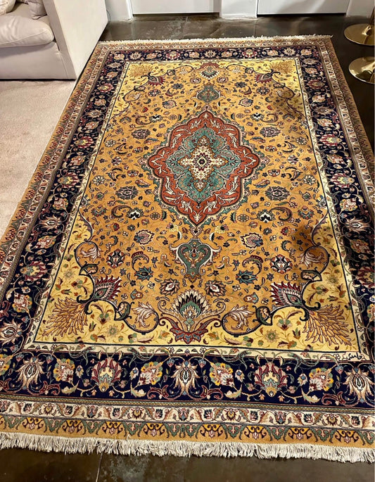 Vintage Tabriz Persian Rug 9.7x6.5 ft | Hand Knotted Wool & Cotton Oriental Area Rug