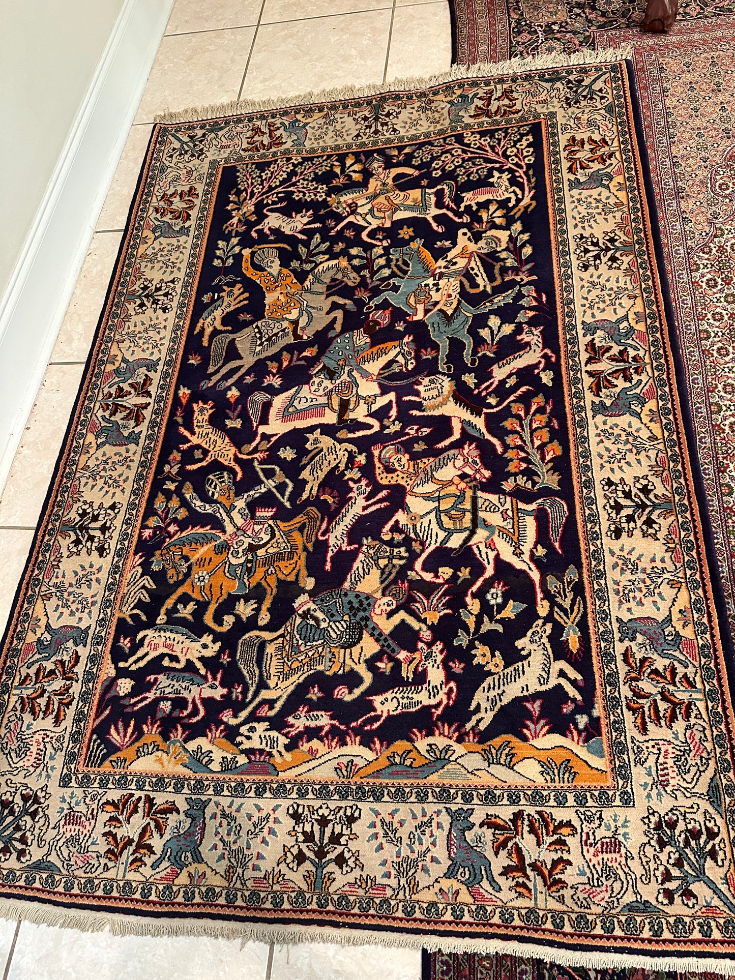 Authentic Ghom Persian Rug – 6.9’ x 4.7’ Blue Horse Design 100% Wool Rug