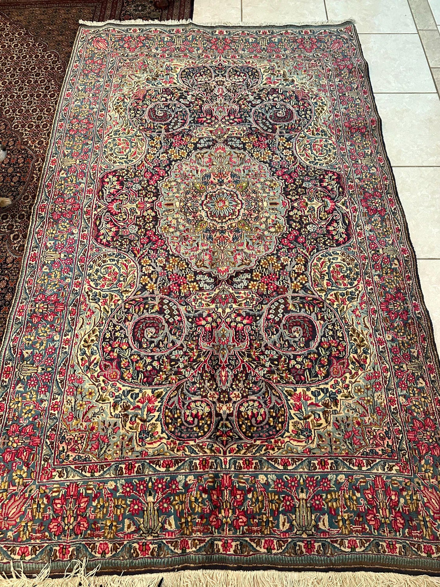 Persian Kerman Hand-Knotted Rug – Blue Medallion 100% Wool Oriental Area Rug 8.0 x 4.1 ft